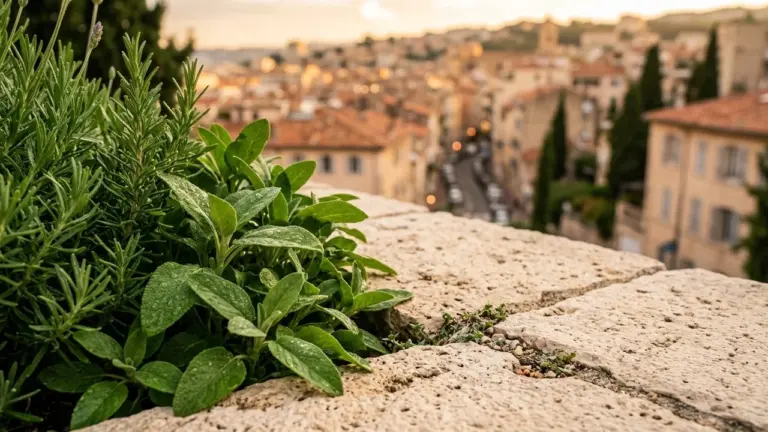 Plantes aromatiques sur un muret en pierre surplombant une vieille ville européenne ensoleillée.