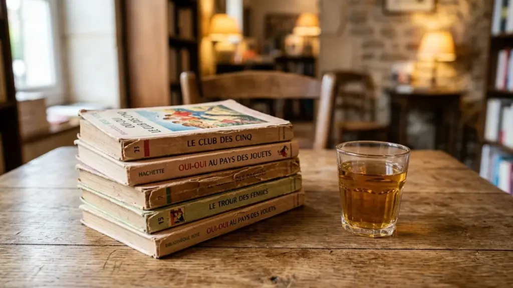 Une pile de vieux livres pour enfants posée sur une table en bois rustique.