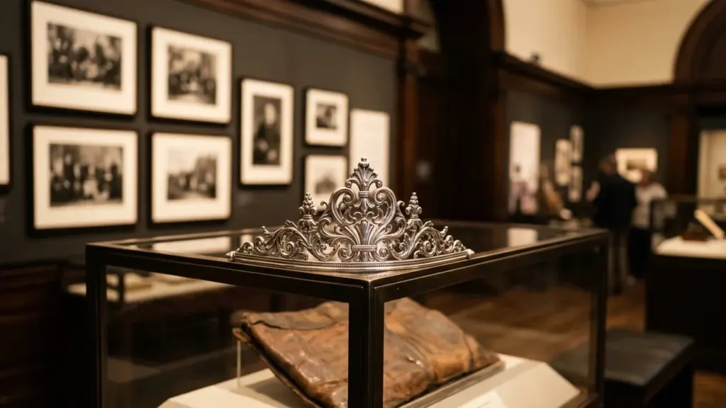 Une couronne métallique ornée est exposée sur une vitrine dans un musée historique élégant.