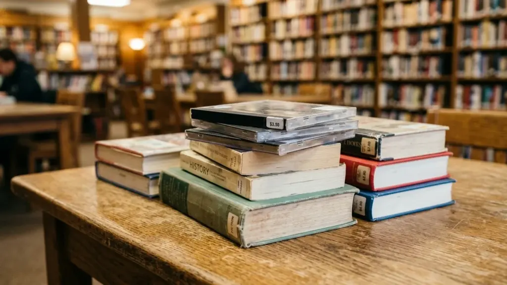 Une pile de livres et un boîtier de CD sur une table en bois.