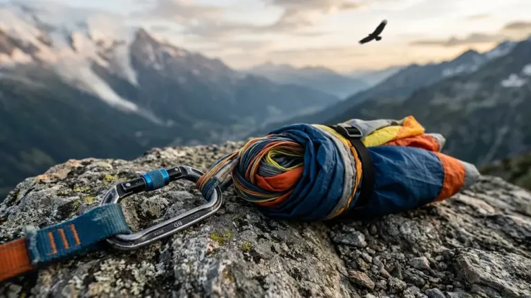 Un mousqueton attaché à une corde enroulée sur un rocher, avec des montagnes en arrière-plan.