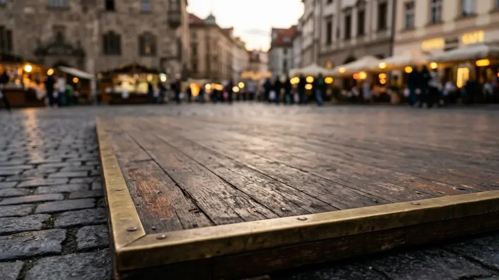 Une plateforme en bois sombre avec bordure métallique sur une place pavée historique floue.