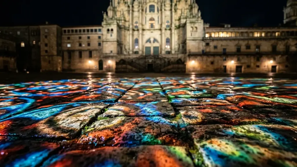 Vue au sol d'un pavage éclairé par des projections colorées devant une cathédrale illuminée.