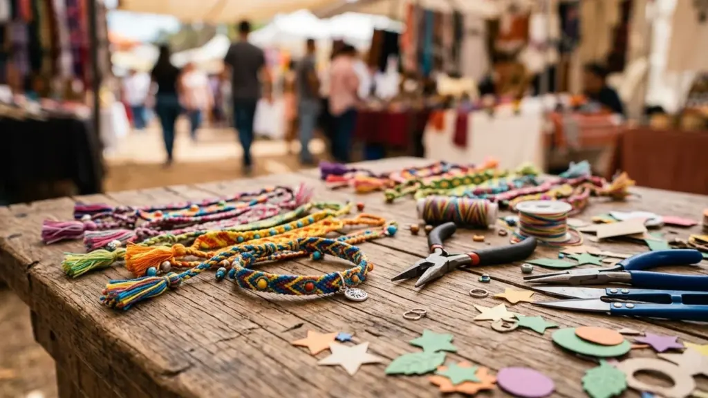 Des bracelets colorés tissés à la main et des outils artisanaux sur une table en bois.