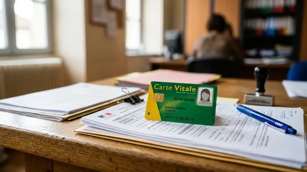 Une carte Vitale française posée sur des documents administratifs dans un bureau professionnel flou.