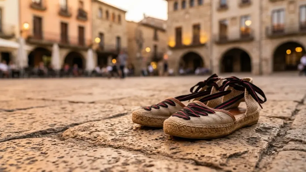 Une paire d'espadrilles traditionnelles posée sur un sol pavé dans une place médiévale floue.