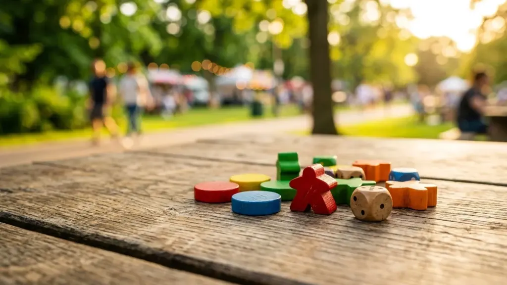 Des pièces de jeux de société colorées sur une table en bois dans un parc.