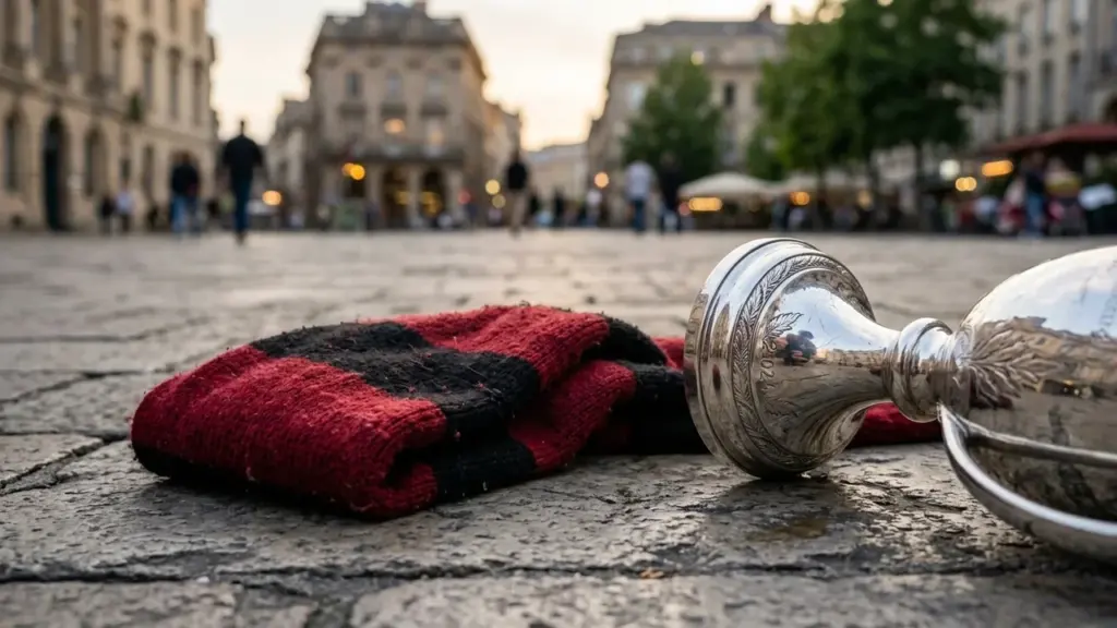 Une écharpe rouge et noire pliée à côté d'une coupe en argent sur pavés.