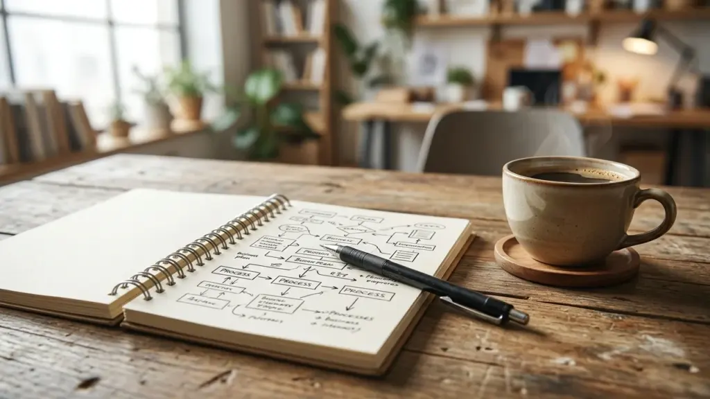 Un carnet ouvert avec un schéma de processus complexe et un stylo noir posé.