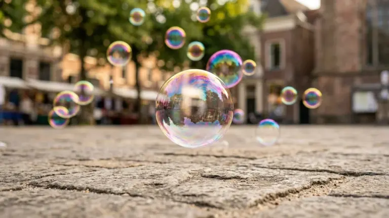 De nombreuses bulles de savon irisées flottent au-dessus d'un sol pavé en plein air.