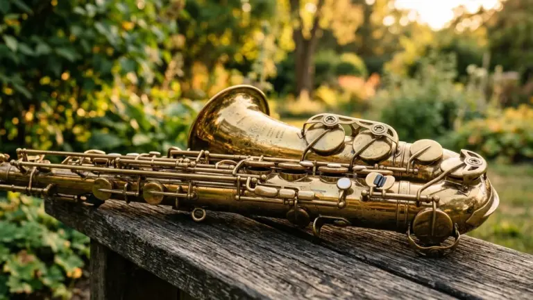 Un saxophone en laiton doré posé horizontalement sur un banc en bois au jardin.