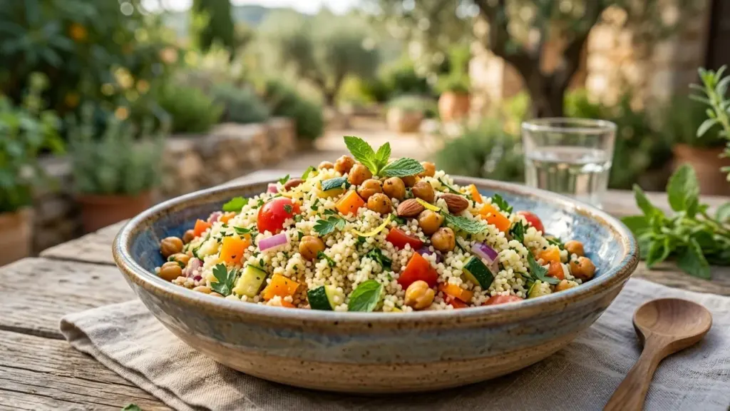Un bol en céramique rempli d'une salade de couscous colorée avec pois chiches et légumes.