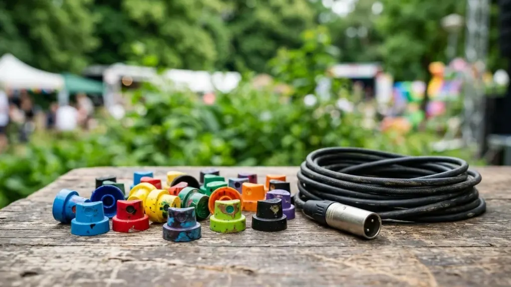 Embouts de bombes aérosols colorés et câble audio noir posés sur une table en bois.