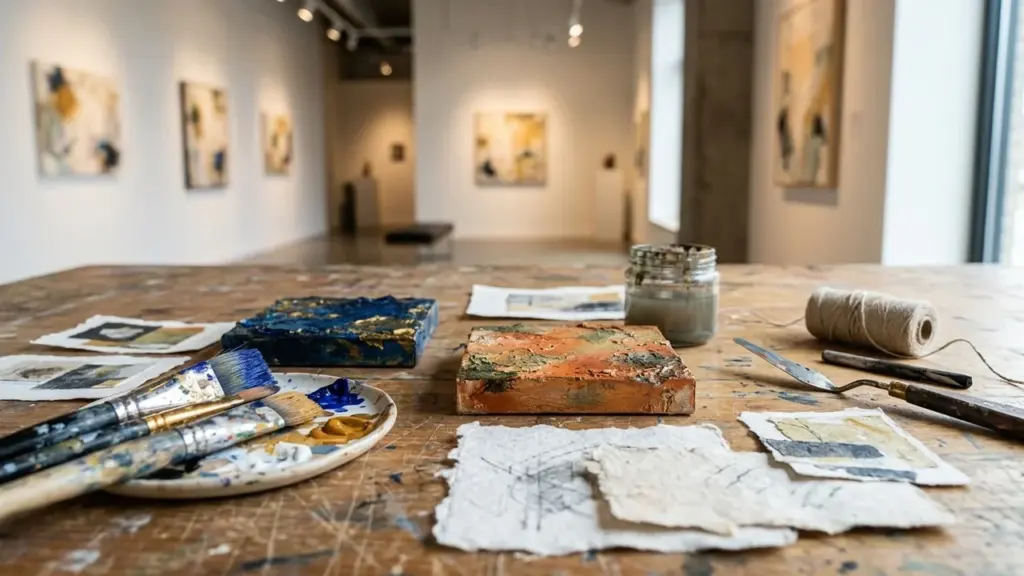 Vue rapprochée d'outils de peinture et de toiles texturées sur une table en bois.