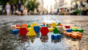 Des pièces de jeux en bois colorées éparpillées sur un sol pavé mouillé urbain.
