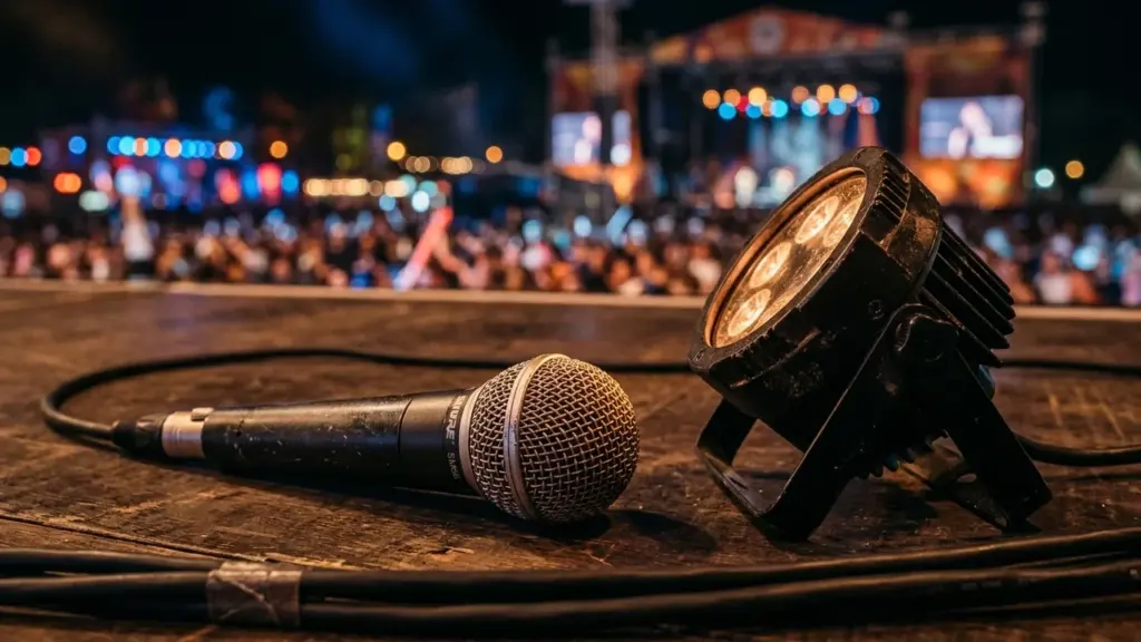 Un microphone et un projecteur posés sur une scène face à une foule floue.