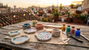Objets décoratifs en terrazzo coloré disposés sur une table en bois en terrasse urbaine.