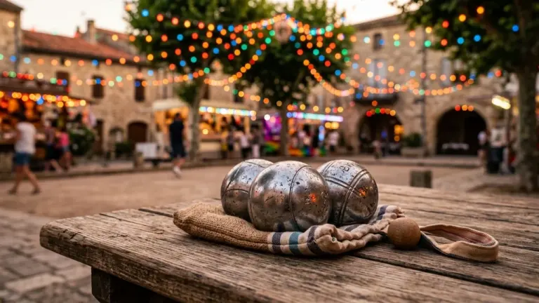Trois boules de pétanque métalliques et un cochonnet posés sur une table en bois.