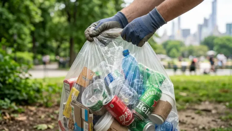 Une personne portant des gants de travail tient un sac plastique rempli de déchets recyclables.