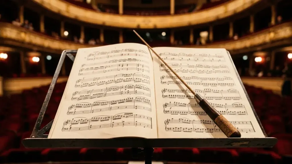 Une partition de musique ouverte sur un pupitre avec une baguette de chef d'orchestre posée.