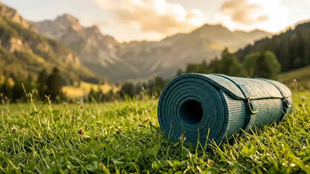 Un tapis de yoga bleu enroulé posé dans une prairie verdoyante face aux montagnes.
