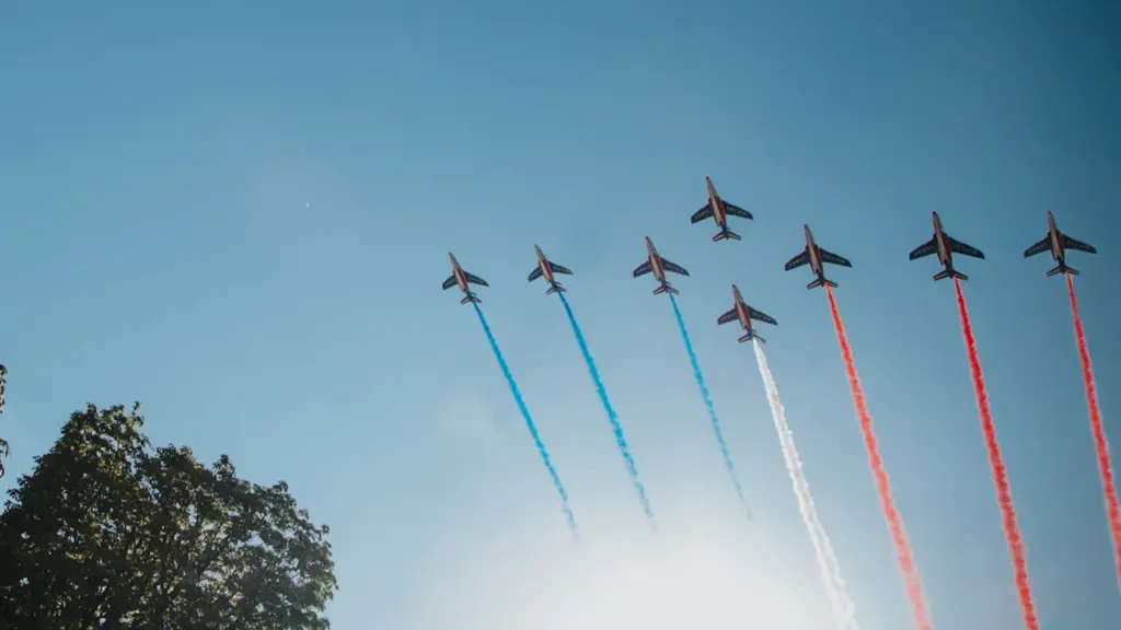 Avions de chasse en formation laissant des traînées tricolores dans le ciel.