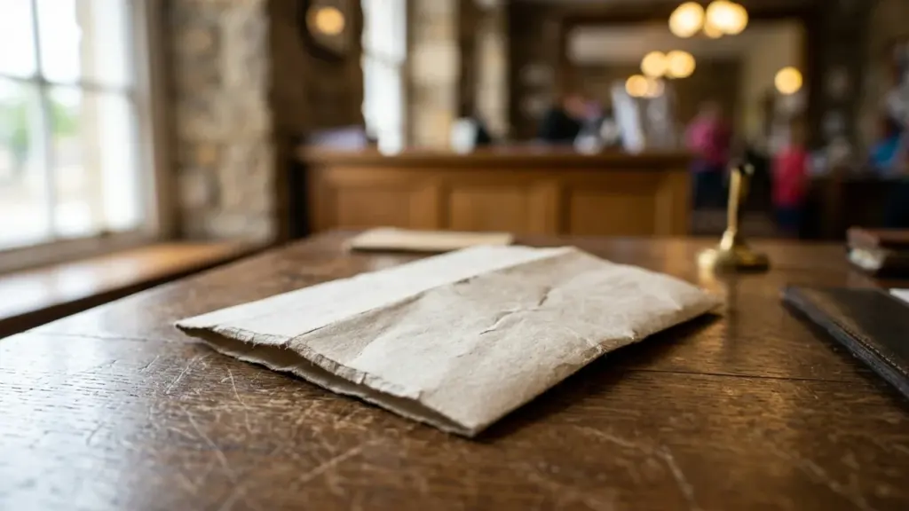 Une enveloppe en papier kraft froissé posée sur un comptoir en bois ancien.