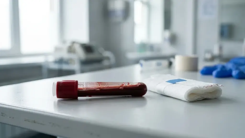 Un tube à essai contenant du sang posé sur une table de laboratoire médicale.