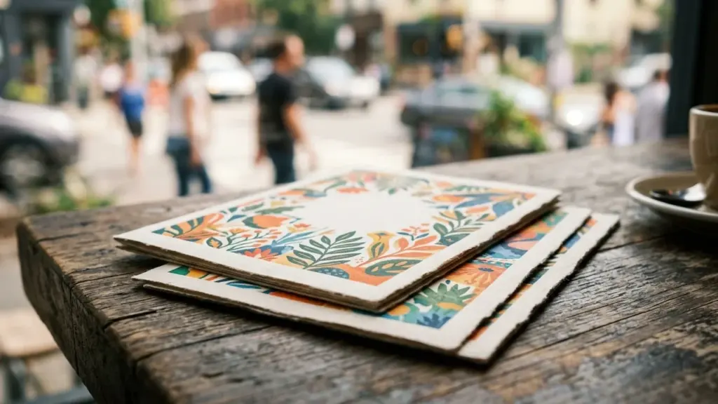 Une pile de menus en papier décorés de motifs floraux sur une table en bois.