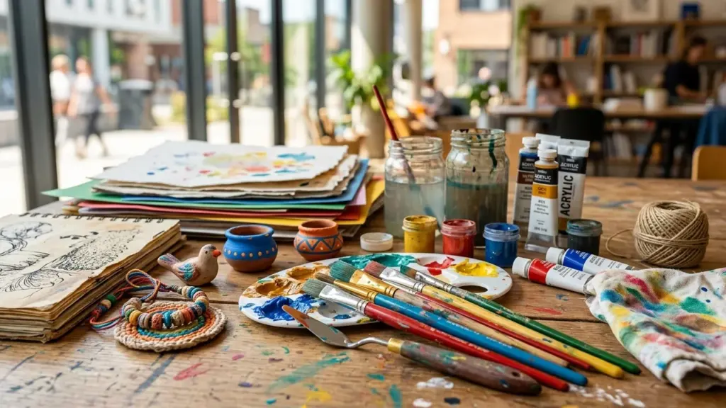 Une table en bois avec des pinceaux, des peintures acryliques et du matériel artistique.