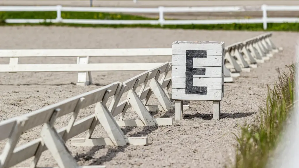 Panneau de dressage marqué d'un E dans une carrière équestre en plein air.