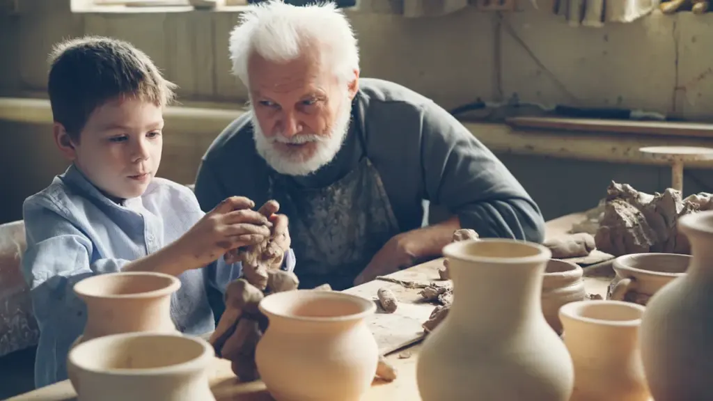Un enfant et son grand-père travaillent ensemble l'argile dans un atelier de poterie.
